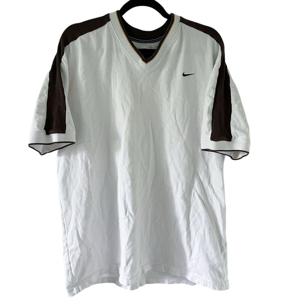 Vintage 90s Nike V-Neck Tee Shirt Essential Swoosh Black Tag White Brown L Large